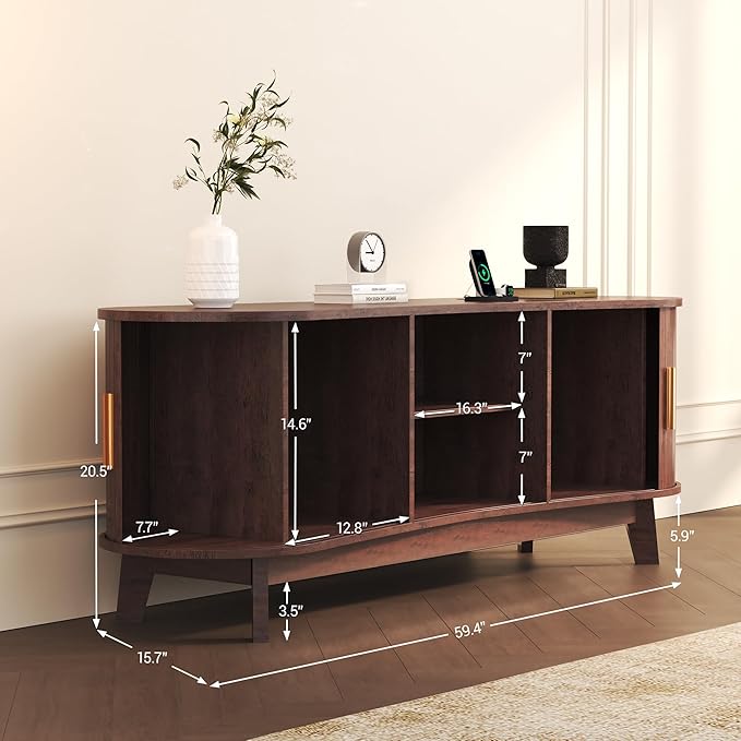 Mid-Century Modern TV Consoles with Sliding Doors 59.4 Fluted TV Stand with Power Outlet and Open Shelves Entertainment Center for Living Room Bedroom Red Brown