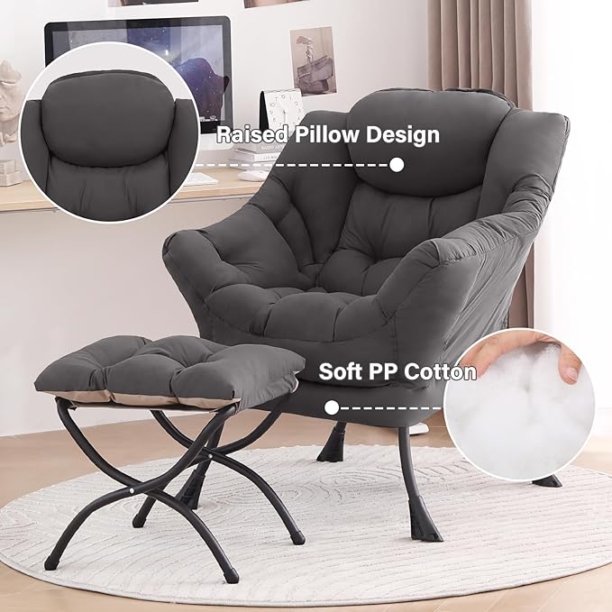 Tiita Lazy Chair with Ottoman Gray Modern Large Accent Chair Comfy Leisure Sofa Armchair with Ottoman Reading Chair with Footrest for Bedroom Living Room Dorm Rooms Garden Dark Grey