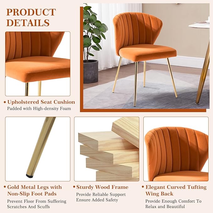 HULALA HOME Velvet Dining Chair Cute Armless Accent Chair Living Room Chair with Golden Legs Mid Century Modern Upholstered Side Chair for Kitchen Vanity Orange