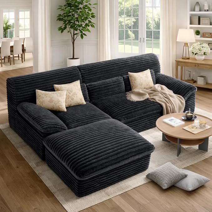 Modular Sectional SofaBoneless Couch for Living Room3 Seat L-Shaped Cloud Sectional Couch with Double-Layer Thickened Deep SeatComfy Corduroy Fabric Sofa Bed72h ReboundGrey