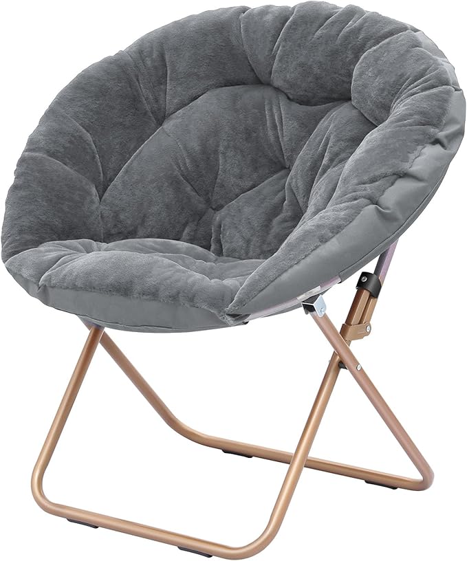 Cozy Saucer Chair Living Room Chair Faux Fur Soft Thick Padded Seat Metal Frame Folding Chair Comfortable Moon Chair for Living Room Bedroom Reading Nook Modern Style 1 Pack Gray