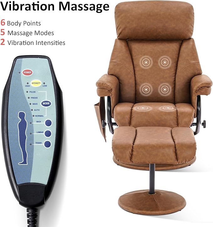 MCombo Swivel Recliner with Ottoman TV Chair with Vibration Massage Ideal for RV Small Space Living Room &amp Bedroom 4539 4828 (Faux Leather Saddle)