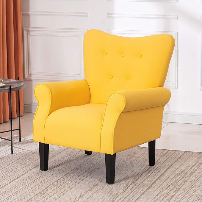 YOLENY Modern Accent ChairHigh Back ArmchairUpholstered Fabric Button Single Sofa with Wooden Legs for Living RoomBedroomClubYellow