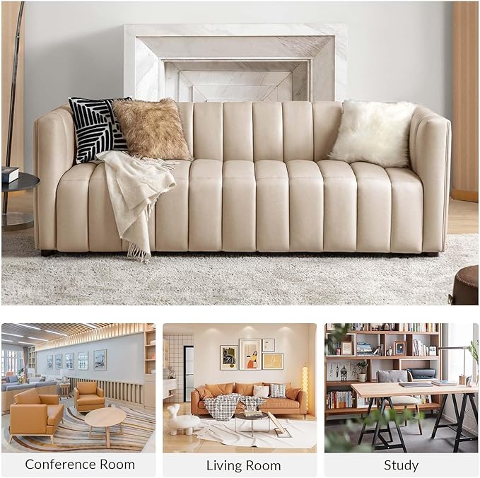 HULALA HOME 83 Genuine Leather Sofa with Channel Tufted Design 3-Seater Sofa for Living Room Bedroom Modern Oversized Couch with Wood Legs Beige