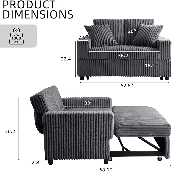 3 in 1 Convertible Sofa Bed52.8 Pull Out Couch with 2 Pillows and Side PocketsModern Corduroy Fabric Sleeper Loveseat with Adjustable Backrest for Living Room Bedroom Apartment (Gray Corduroy)