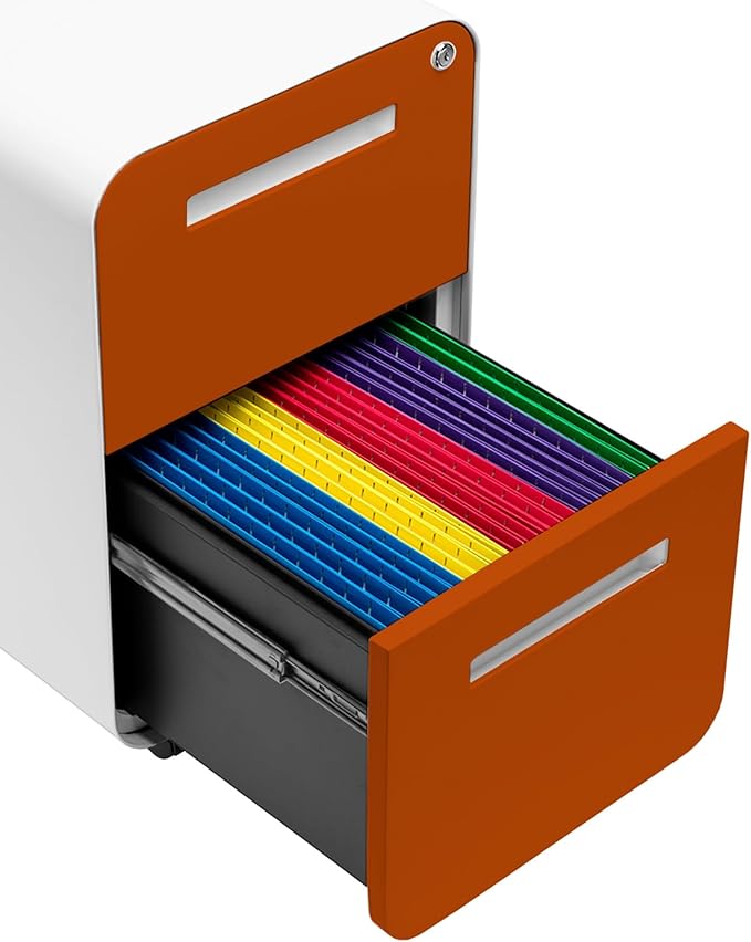 Laura Davidson Furniture Stockpile 2 Drawer Mobile File Cabinet with Lock - Under Desk Metal Filing Cabinet Legal/Letter File Folders Wheels and Stationary Feet Pre-Assembled White/Orange