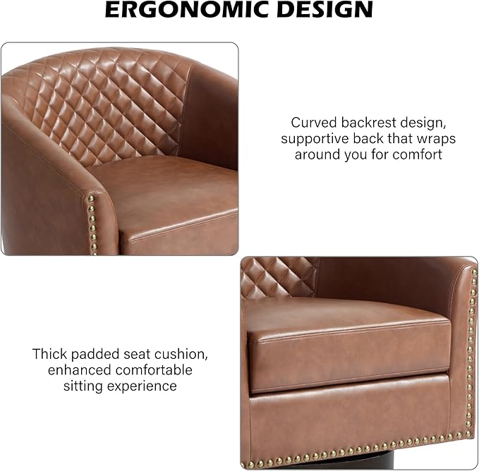 Swivel Barrel Accent Chair Set of 2 Comfy Modern Upholstered Round Faux Leather Arm Chair for Living Room Bedroom - Brown
