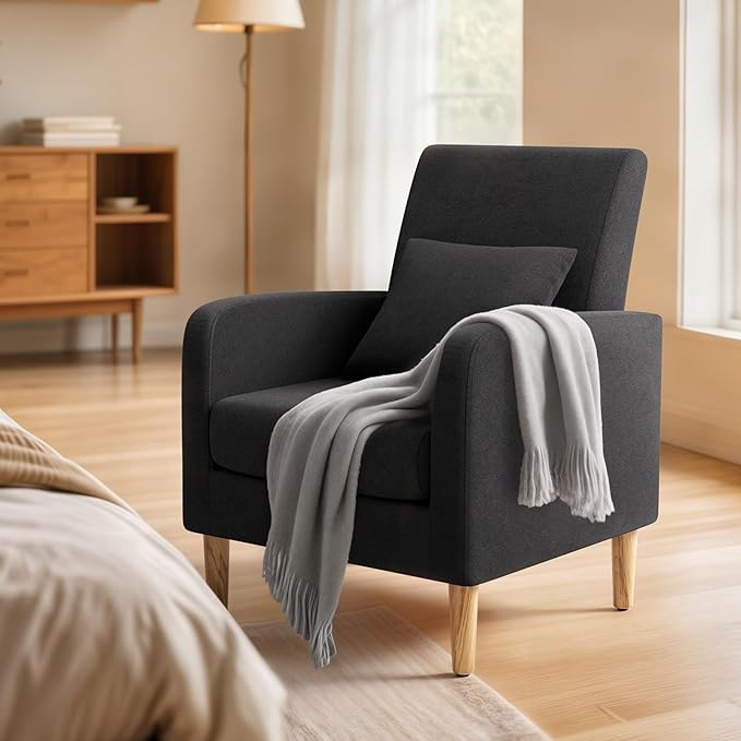 MoNiBloom Accent Chair with Back Pillow Upholstered Club Arm Chair Modern Living Room Chair with Wooden Legs for Bedroom Corner Living Room Reading Nook Black