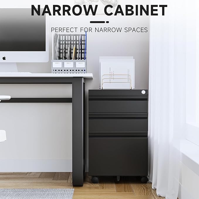 Letaya 3 Drawer Mobile File Cabinet with Lock Under Desk Metal Rolling Filing Cabinets for Home Office Organizer Letters/Legal/A4 (Black- Requires Installation) (Black)