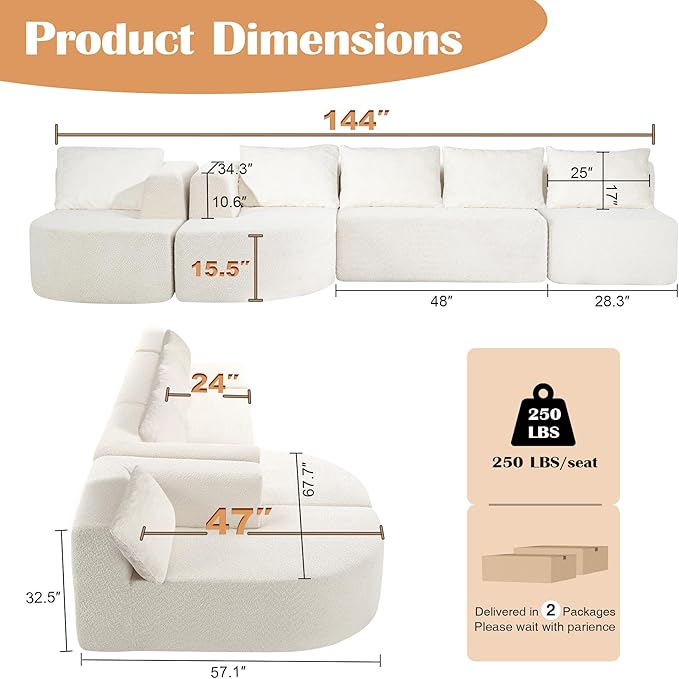 144 Sectional Couches for Living Room Comfy U-Shaped Cloud Couch with Chaise Lounge Modern Deep Seat Boneless Sofa No Assembly Required (Boucle White)