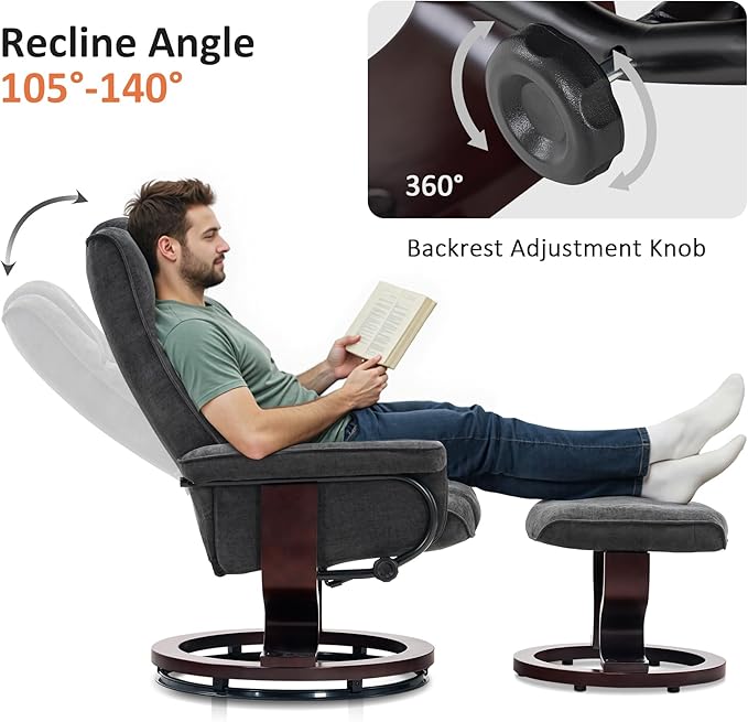 MCombo Manual Swivel Recliner with Ottoman Chair Ottoman Set for RV Small Spaces Living Room Bedroom Office 4919 (Chenille Grey)