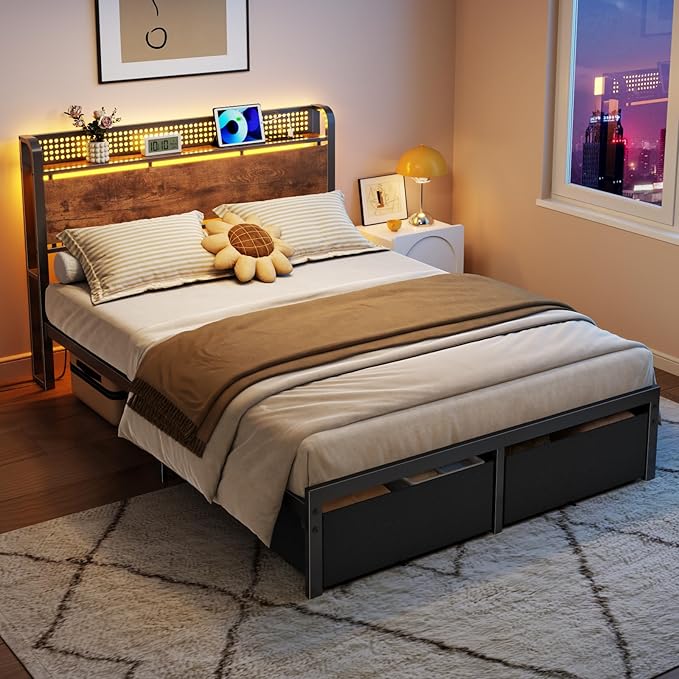 Furnulem Full Size Bed Frame with Headboard Storage Platform Bed Frame Full Size with 2 Drawers Charging Station and LED Lights No Box Spring Needed Noise Free Easy Assembly (1000 lbs Capacity)