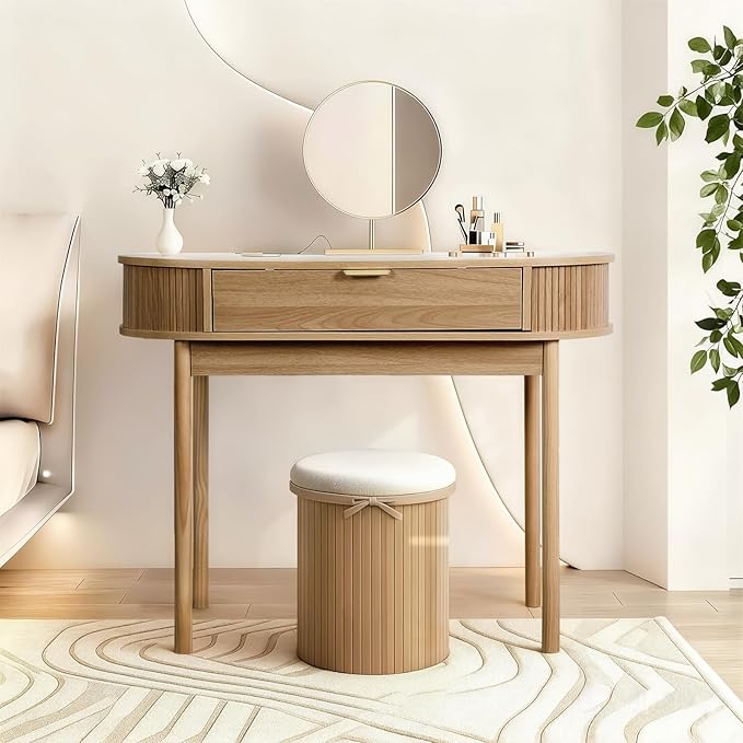 Fluted Small Computer Desk with Drawer 40 Inch Mid-Century Modern Writing Desk with Solid Wood LegsCompact Study Table for Small Spaces Home Office BedroomWalnut