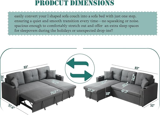 asunflower Small Sleeper Sofa with Pull Out Couch 83 Convertible Sofa Bed with Storage L-Shaped Sectional Sleeper with Cup Holders 3-Seater Couch Bed for Small Spaces Bedroom Offices Dark Grey