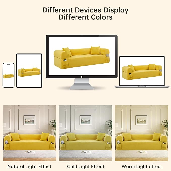 3-Seater Floor Sofa in A Box No Assembly Floor Boneless Couch Comfy Small Sofa Corduroy Couch with 2 Cushion Pillows &amp Armrest &amp Side Storage Pockets for Living Room Apartment Yellow