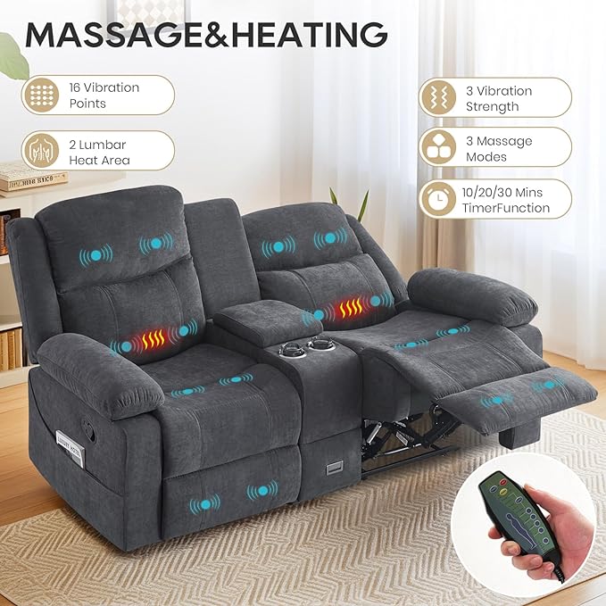 Recliner Sofa Reclining Loveseat Sofa with Massage &amp Heat Reclining Couch with Side Pockets Extra Storage Cup Holders for Living Room