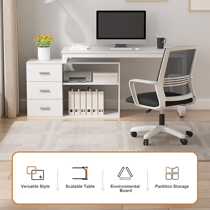 FUFU&ampGAGA 55.1 Large L-Shaped Office Desk with 39 File Cabinet Corner Computer Desk with 3 Drawers &amp 2 Shelves Workstation Executive Desk with Storage Shelf for Home Office (White)