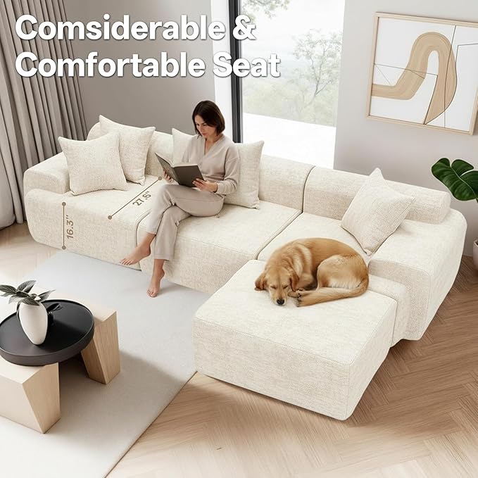 119’’ Modular Compression Sofa L-Shaped Cloud Sectional Couch with Chaise &amp Deep Seating Modern Upholstered Living Room Couch with Removable Pillows Easy Expand Design Beige Chenille Fabric