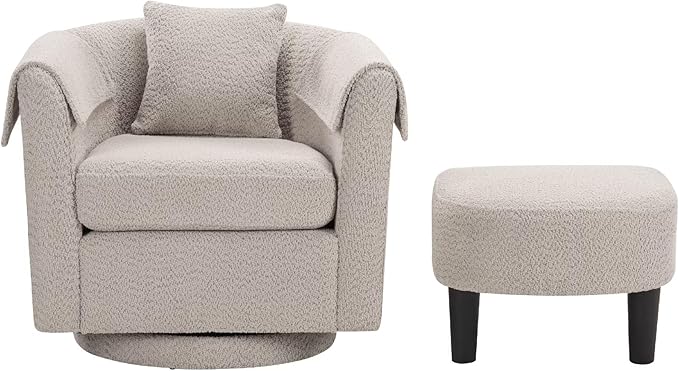 Gray Swivel Accent Chair with Ottoman 360° Barrel Chairs with Foot Stool Comfy Reading Chair with Removable Pillow &amp 2 Armrest Covers for Living Room Small Spaces Bedroom Chenille (Gray)