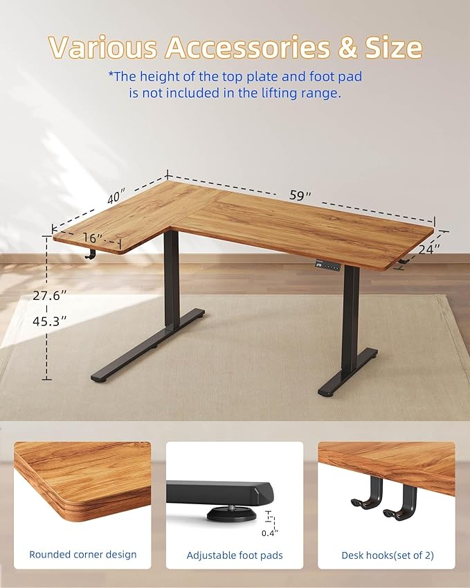 YIHAYO Reversiable L-Shaped Electric Standing Desk 59 Inches Stand Up Corner Desk Sit and Stand Up for Work Office Home Ergonomic Rising Computer Table with Splice Board Rustic Brown