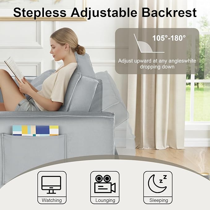 3-in-1 Convertible Sofa Bed 55'' Pull Out Couch Bed with Adjustable Backrest Velvet Fabric Sleeper Loveseat Sofa with Side Pocket Perfect for Living Room Easy Assembly(Light Gray)