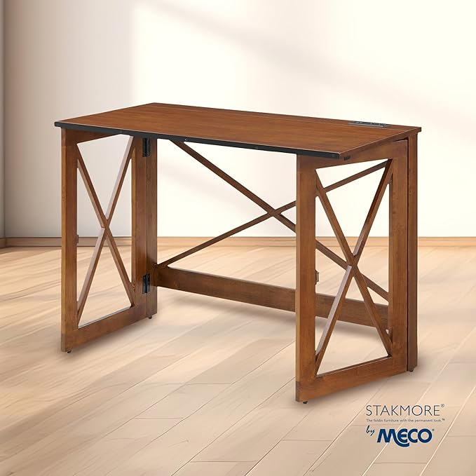 MECO Stakmore 110 Volt Stylish Versatile Expandable Folding Desk with Built in Outlets for Home Office Den or Living Room Fruitwood
