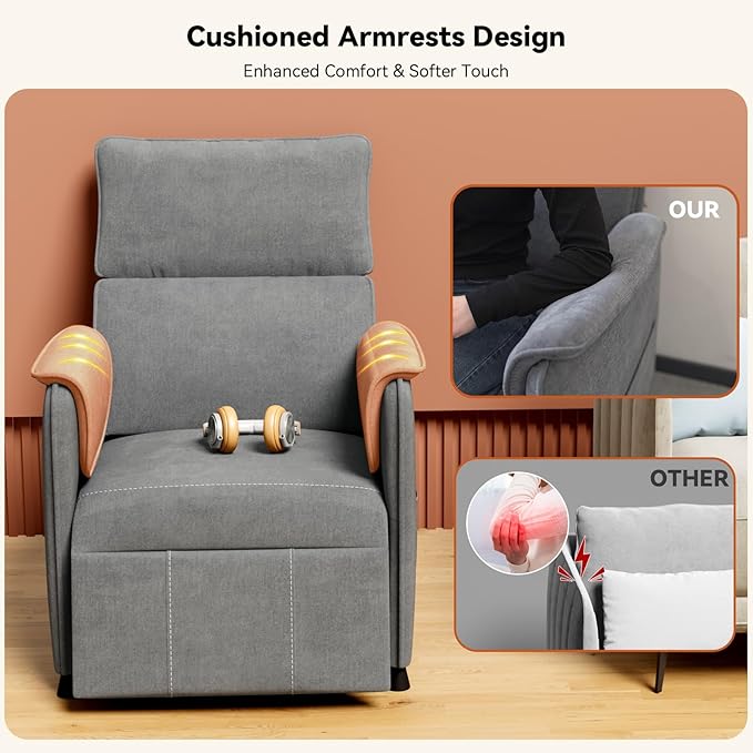 Recliner ChairElectric Adjustable Chenille Recliner with Remote Control and Padded BackrestHome Theater Recliner Single Sofa Seat with Thick Seat Cushion for Living Room Bedroom (Grey)