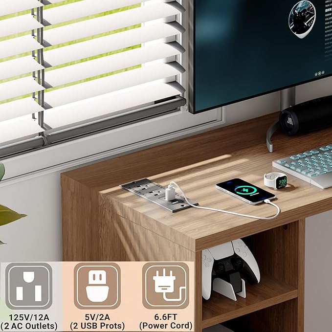 BLANKSPACE L-Shaped Computer Desk with 360° Swivel Desktop &amp 6 Open Shelves Corner Desk - Rotating Home Office Desk Yili Walnut