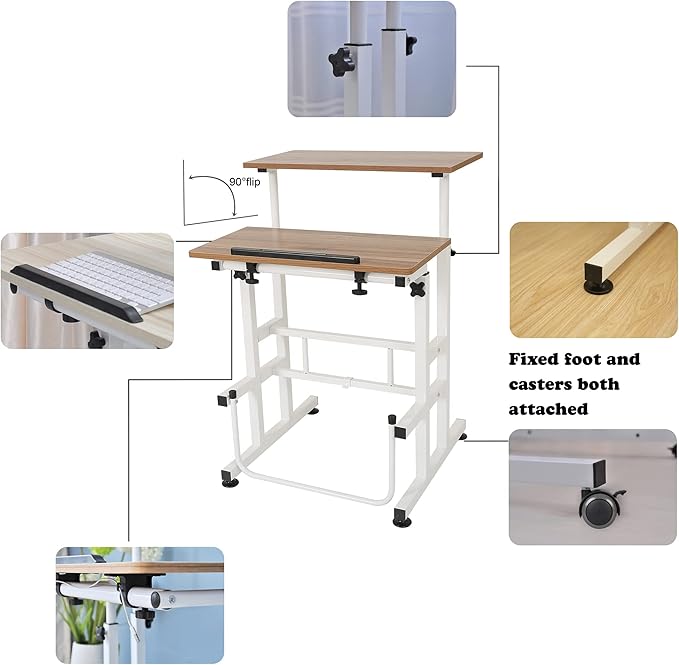 SDADI L101XWFDT Adjustable-Height Steel-Framed Mobile Standing Office Computer Desk with 2 Tiers and Lockable Caster Wheels Dark Grain