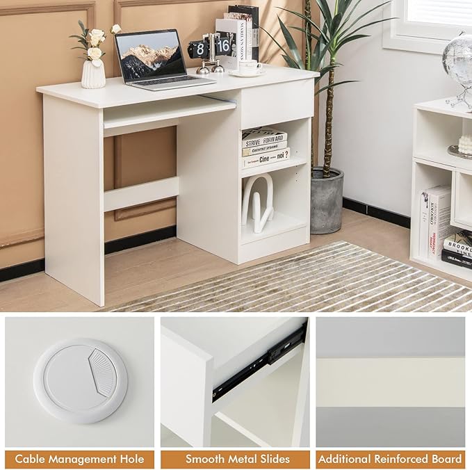 White Computer Desk with Drawers Modern Office Desk with Keyboard Tray and Open Storage Shelf Work Desk for Home Office Small Computer Desk for Small Spaces…