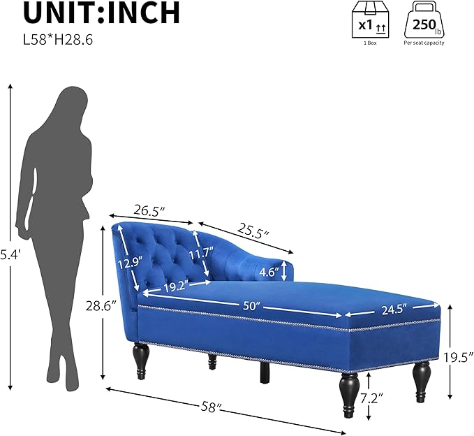 Velvet Upholstered Sofa Chaise Loungers 58 Chaise Lounge with Nailhead Trim and Solid Wood Legs Button Tufted Right Arm Facing Lounge Chair for Living Room Sleeper Lounge Sofa