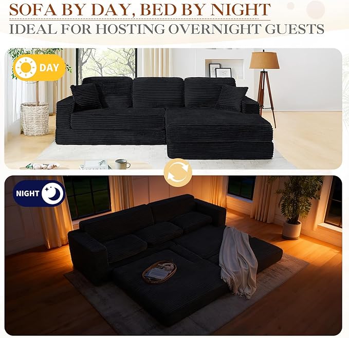 112.6 Oversized Fold Out Couch Bed King 3 in 1 Convertible Modern L Shape Cloud Modular Sectional Comfy Boneless Foam Couch Futon for Living Room No Assembly(Black CorduroyRight Facing Chaise)