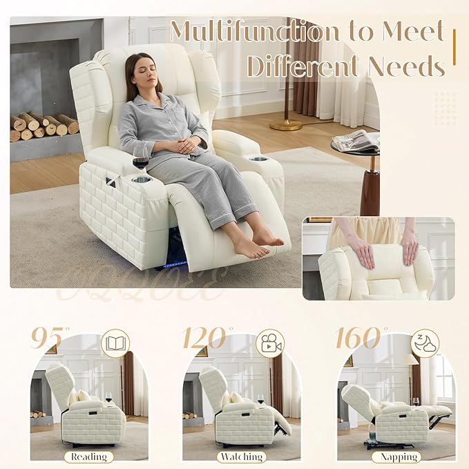 Wall Hugger Power Recliner Chair with Massage &amp Heat Electric Home Theater Reclining Chair with Cup Holder USB Port LED Light Faux Leather Living Room Chair (Beige White Single)