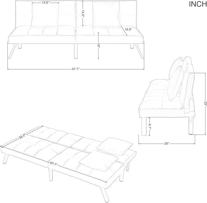 68 Modern Futon Sofa BedConvertible Sleeper Bed Couch with 4 Reclining Backrest with 2 PillowsComfy Velvet Cloud Sofa Loveseat for Living Room Bedroom Office (Green)