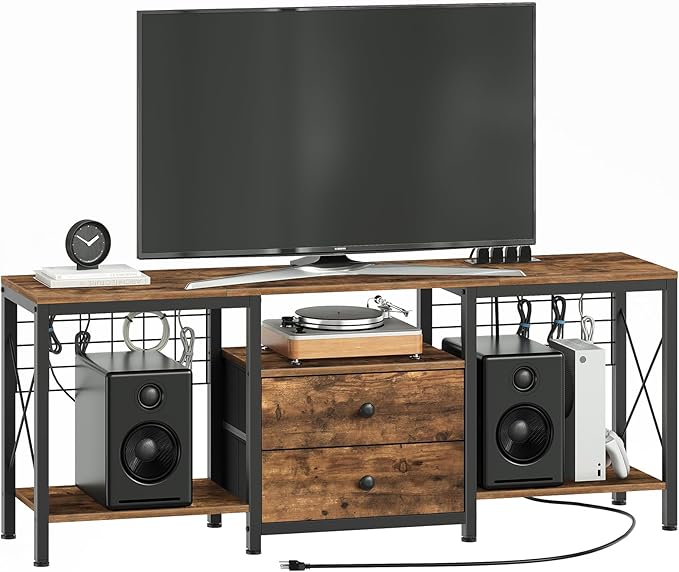 TV Stand with Power Outlet Up to 60 Inch Entertainment Center with 2 Fabric Drawers TV Console Table with Open Storage Shelves for TVs Cable Management for Living Room Bedroom DS14UBRY1