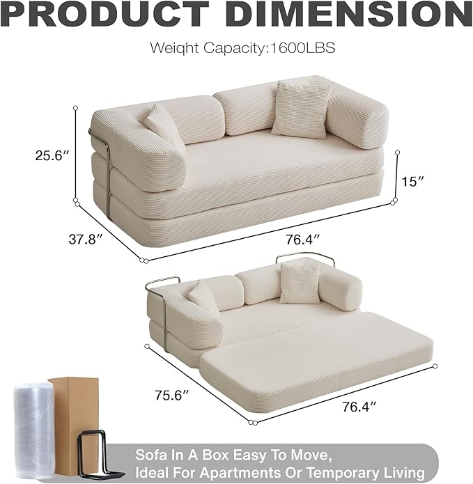 MYFUNSHOP Sleeper Sofa Bed4-in-1 Convertible Folding Boneless CouchFoldable Love Seat with Blanket Pillow Corduroy Floor Futon Couch for Living RoomBedroomLounge Studio