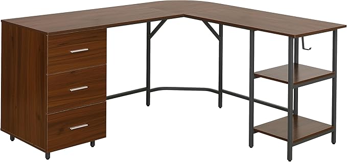 Techni Mobili L Shaped Desk - Two-Toned Computer Desk with Drawers &amp Storage Shelves - Simple Modern Furniture &amp Home Office Space Corner Table for Work &amp Writing