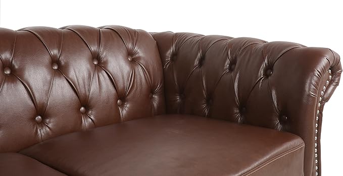 ONCIN Chesterfield Sofa Leather for Living Room 3 Seater Sofa Tufted Couch Faux Leather with Rolled Arms and Nailhead for Living Room Bedroom Office Apartment (Dark Brown)