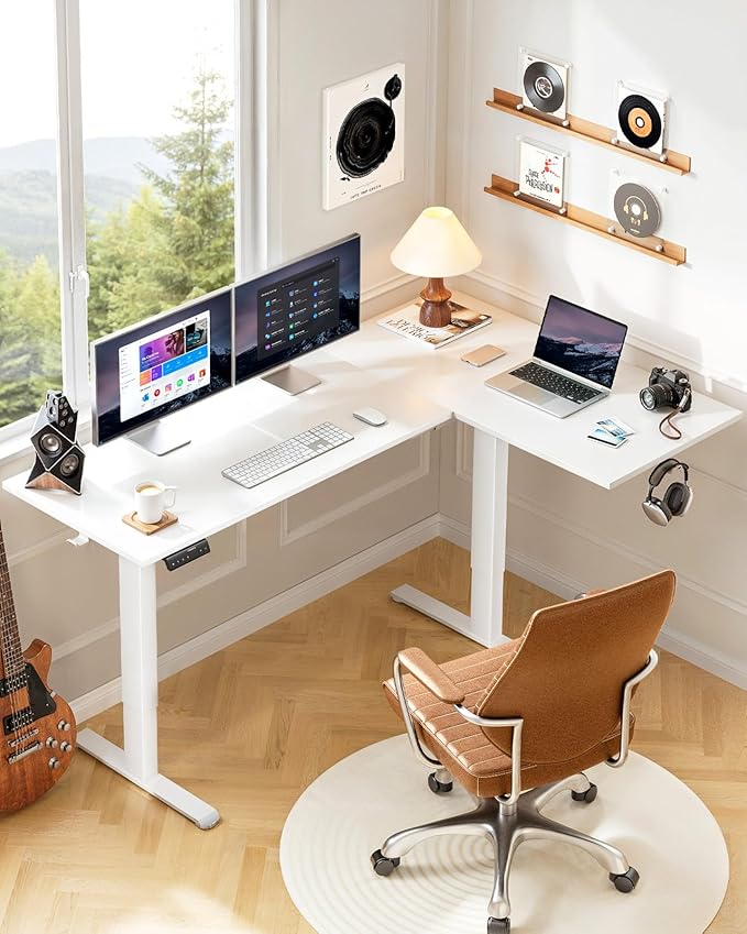 HUANUO L-Shaped Standing Desk 63 x 40 inch Dual Motor Corner Standing Desk Electric Height Adjustable Computer Desk with Cable Tray &amp 3 Preset Heights Raising Desk for Home Office White HNESD