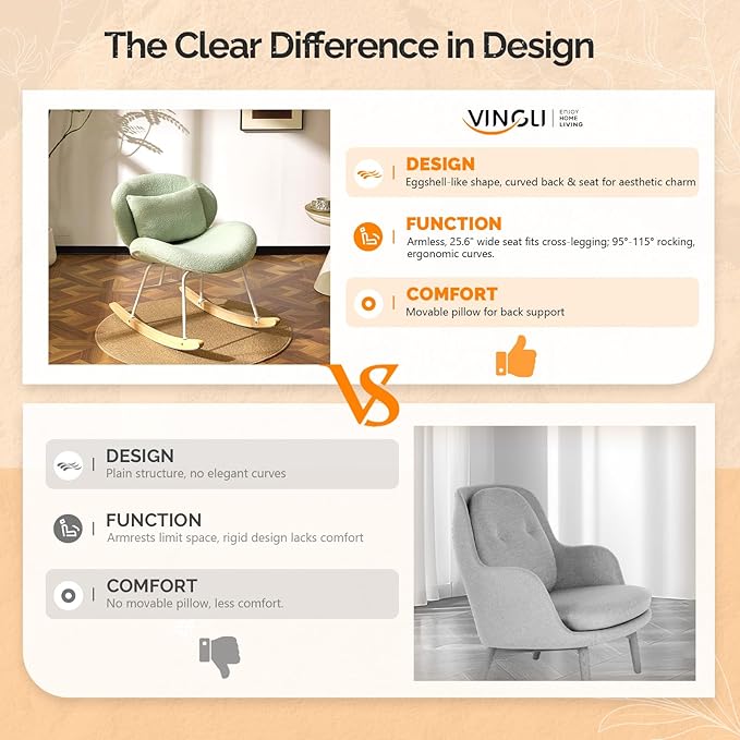 VINGLI 25.6 Extra Wide Nursery 115° Armless Rocking Chair Curved Cute Cross-Legged Glider Chair with Pillow &amp Solid Wood Nursing Chair for Bedroom Living Room Teddy Fleece Mint Green