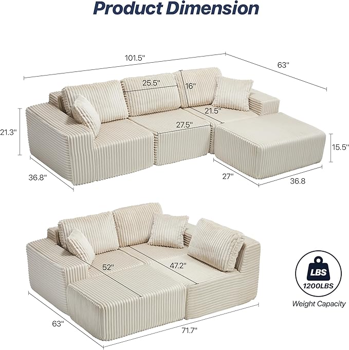 101.5'' Modular Sectional Sofa Cloud Sectional Couch with Deep Seat Comfy Fluffy L Shaped Couches Memory Foam Sofa with 1 Ottoman Corduroy Boneless Couch No Assembly Required Beige