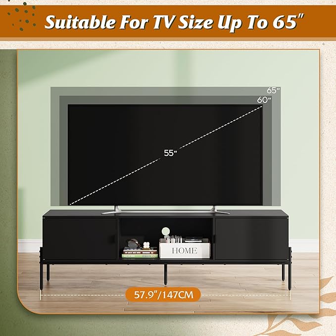 WLIVE TV Stand for 65 Inch TV Mid Century Modern Entainment Center with 2 Storage Cabinets &amp Open Shelf TV Console Table Media with Metal Legs for Living Room Bedroom Black