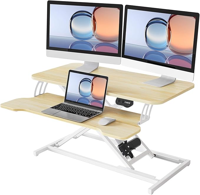 YIHAYO Electric Standing Desk Converter 32 inch Sit to Stand Up Height Adjustable Desk Riser Quick Sit to Stand Tabletop Dual Monitor Riser Workstation for Home Office with Keyboard Tray Natural