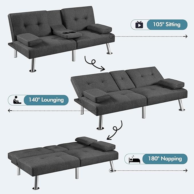 Anwick Futon Sofa Bed Modern Folding Couch for Small Space Linen Convertible Loveseat Sleeper Bed Daybed Recliner Lounge Sofas for Living Room2 Cup HoldersMetal LegsRemovable Armrests (Dark Gray)