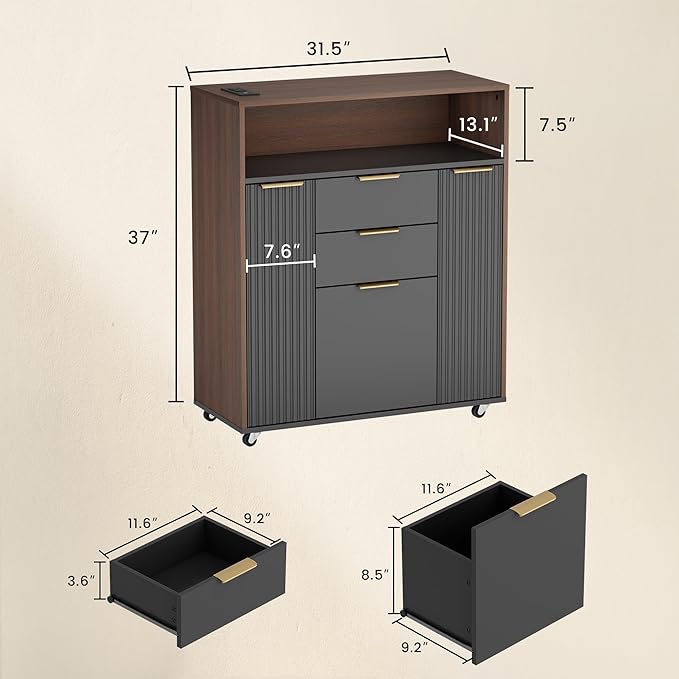 Home Office Standing Desk Set Fluted Cabinet with 3 Drawers and Door 47.2 x 26 Electric Stand Up Table with Storage Rolling Printer Stand on Wheels Mobile Black Walnut
