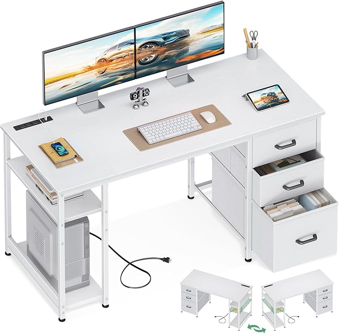 AODK 51 Inch Computer Desk with Drawers &amp USB Power Outlets - Reversible Home Office Desk with Storage Shelves Work from Home Modern Work/Writing/Study Table for Bedroom White