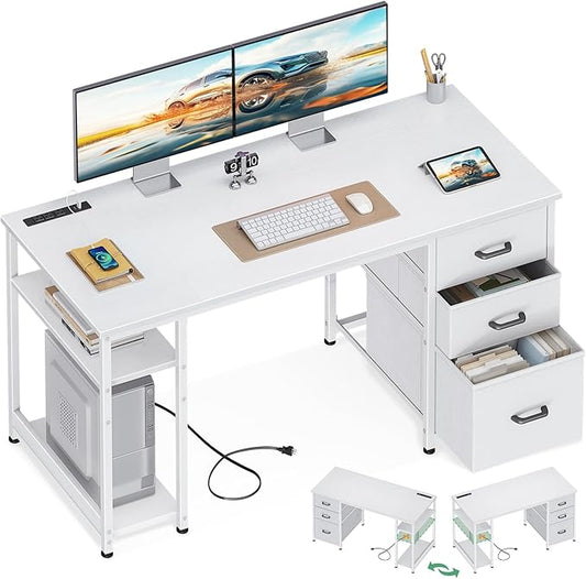 AODK 51 Inch Computer Desk with Drawers &amp USB Power Outlets - Reversible Home Office Desk with Storage Shelves Work from Home Modern Work/Writing/Study Table for Bedroom White
