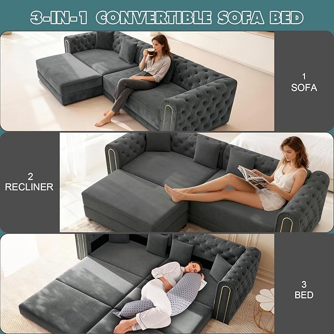 Polibi 90.6 3-in-1 Convertible Sleeper Sofa Bed Velvet Tufted Modern 3-Seater Couch with Movable Ottoman &amp Gold Trim King Size Sleeper for Living Room Apartment Dark Grey