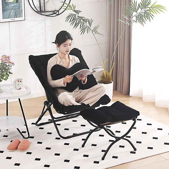 Comfy Saucer Chair with Ottoman Oversized Folding Faux Fur Chair Soft Furry Lazy Chair with Metal Frame Moon Chair Accent Chair for Bedroom Living Room Dorm Rooms Black