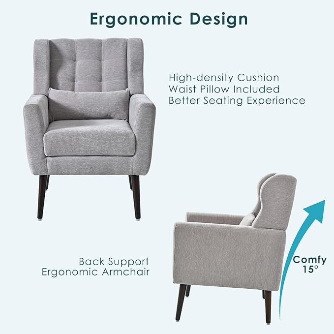 KEIKI Modern Accent Chair Chenille Armchair with Pillow Upholstered Arm Chairs with Solid Wood Legs Soft Padded Lounge Chair Mid Century Reading Chair for Living Room Bedroom Gray